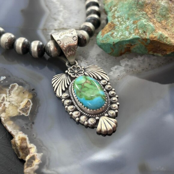 Sterling Southwestern Style Oval Sonora Gold Turquoise Leaves Decorated Pendant - Picture 4 of 10